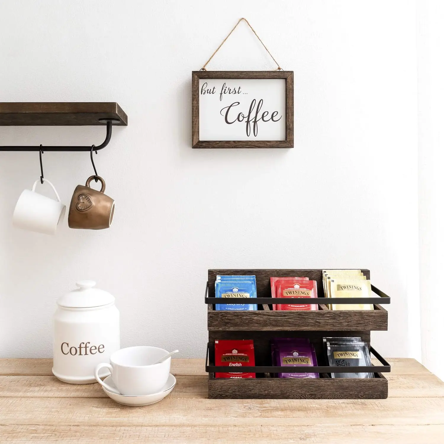 202407 Wooden 2 Tier Rustic Wood Tea Bags Holder Wall Mounted Tea Box for Coffee Condiment Display Shelf Tea Rack