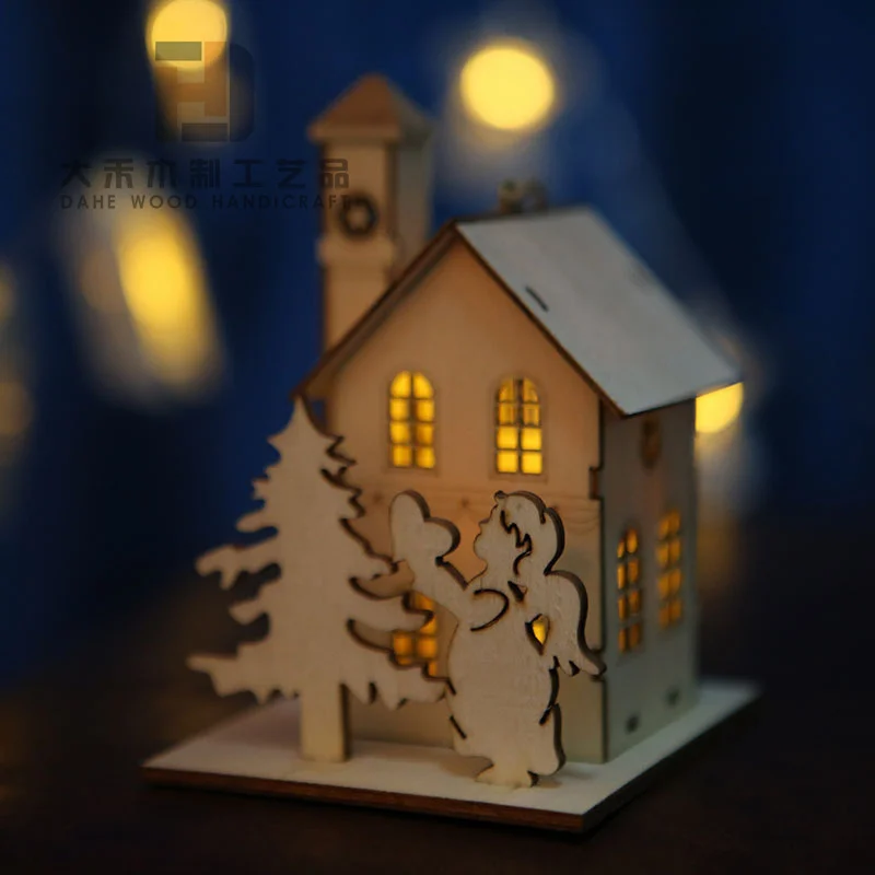 Christmas Atmosphere Laser Engraved Unfinished Wooden Miniature Houses with LED Light for DIY Crafts Xmas Decoration