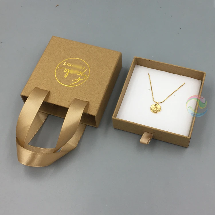 Wholesale Hard Custom LOGO Ribbon Handle Brown Kraft Paper Drawer Jewelry Gift Boxes