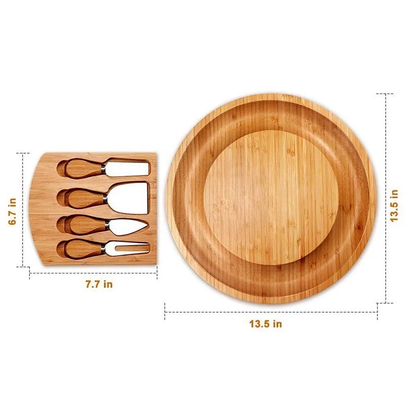 Wholesale Wood Cheese Board Set With Knife Slicer Cheese Plate Bamboo Charcuterie Board Round Wooden Cheese Board