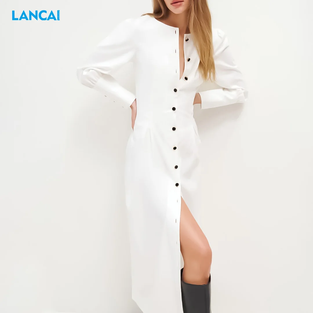Designer  Women Elegant Casual Dress Long Sleeve Factory Clothing Dresses Turn-down Collar Maxi Dress