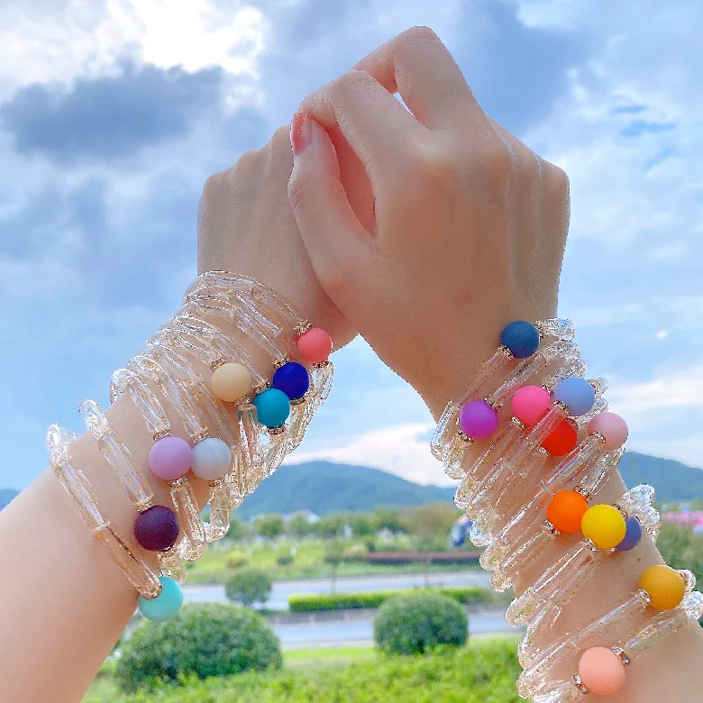 2021 New Colorful Round Beads 6mm Resin Acrylic Bracelets Bamboo Curved Tube Bead Transparent Shine Elastic Beaded  Bangle