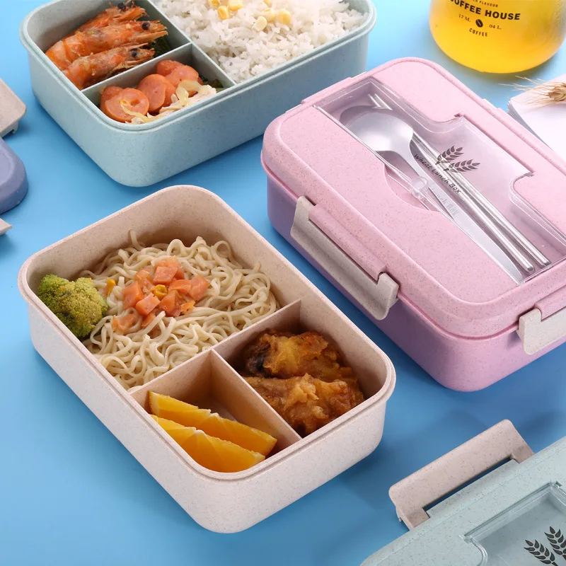 
Wheat straw Plastic material Keep warm lunch box set Leakproof Microwave kids lunch box bento 