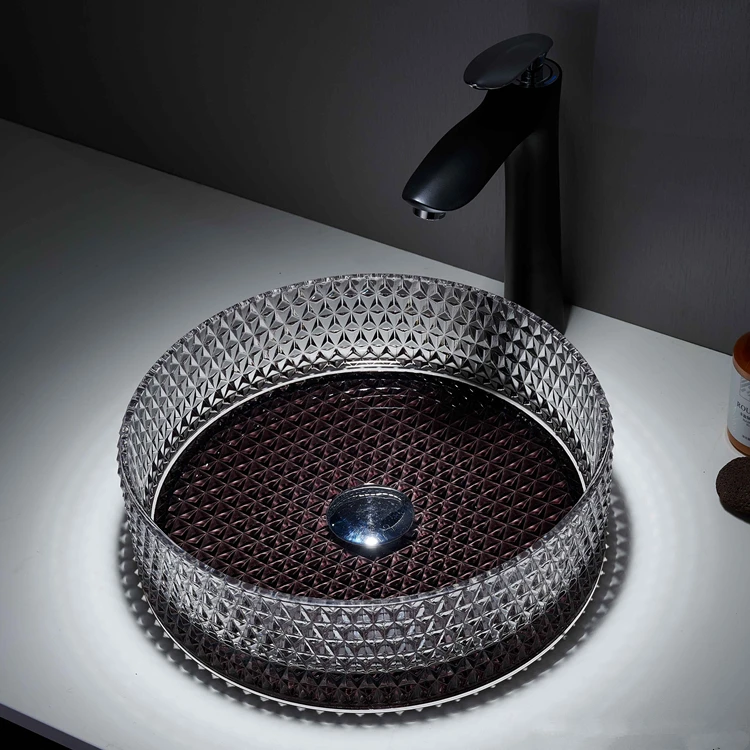 Italian design black color round shape modern transparent glass hand washing basin sink for cabinet