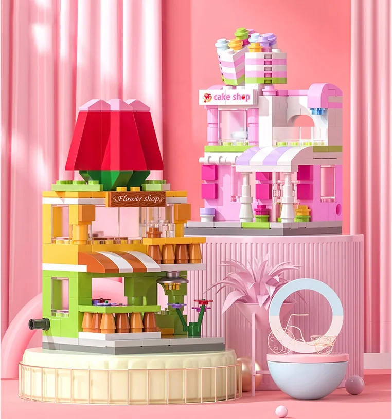 mini shop market street view sets model building blocks hamburger restaurant retail store creative architecture bricks city toy