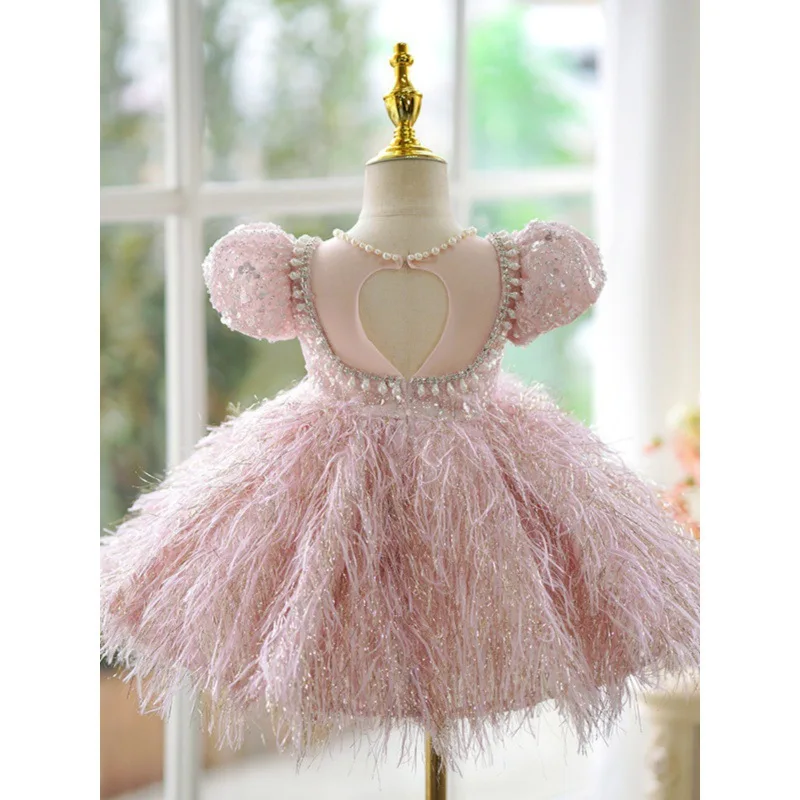 B02 princess solid pink infant toddler baby girls puff sleeve dresses for birthday party wedding dress tutu ball gown clothing