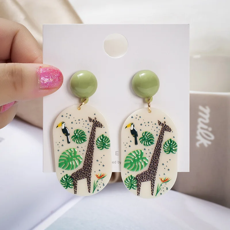 Acrylic Embossed Three-dimensional Printing Pop Element Pattern Flamingo Giraffe Green Leaf Pattern Earrings Women