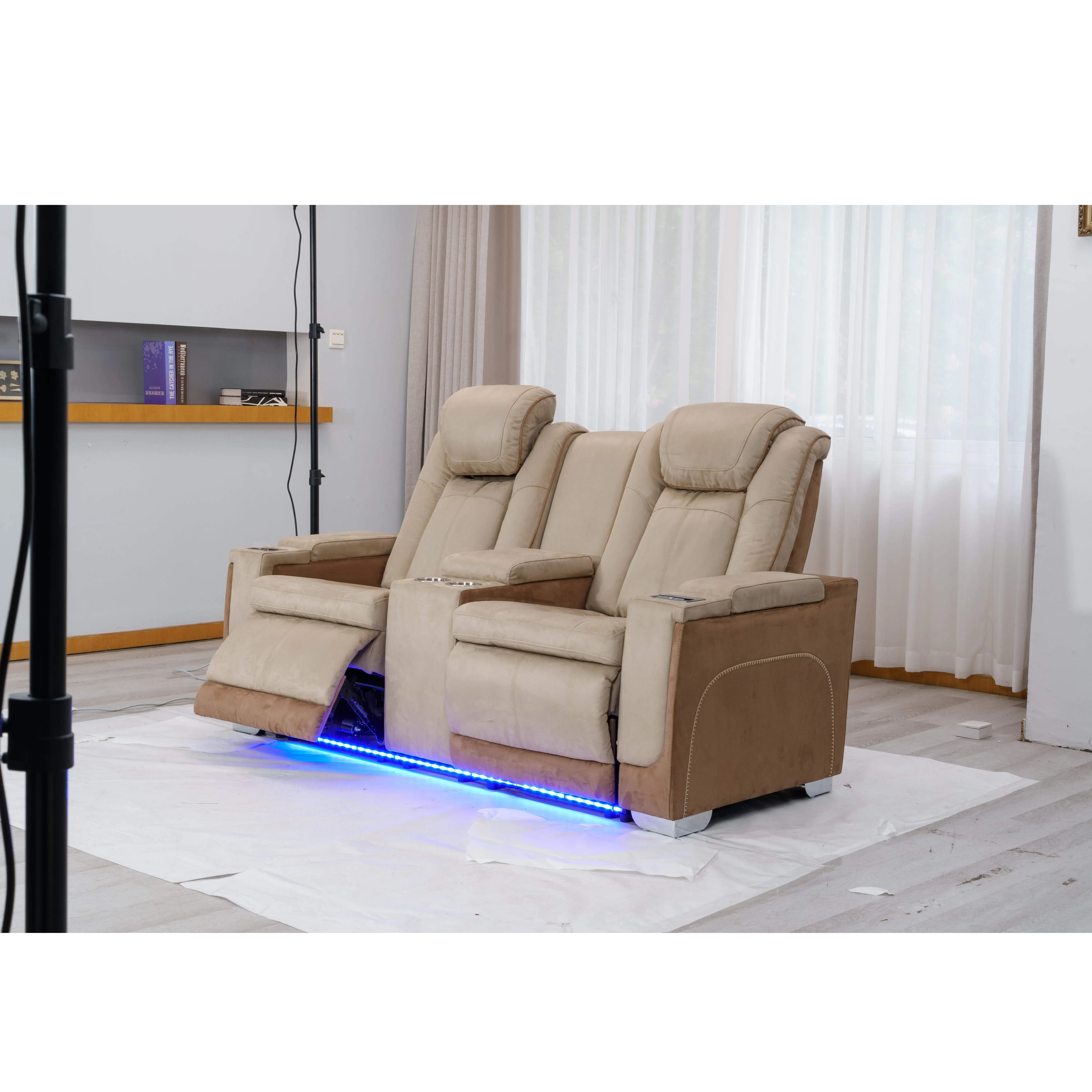 Factory Direct White Leather 4 3 2 1 Cinema Home Theater Sofa With Cup Holders,Computer Table,Storage Arm