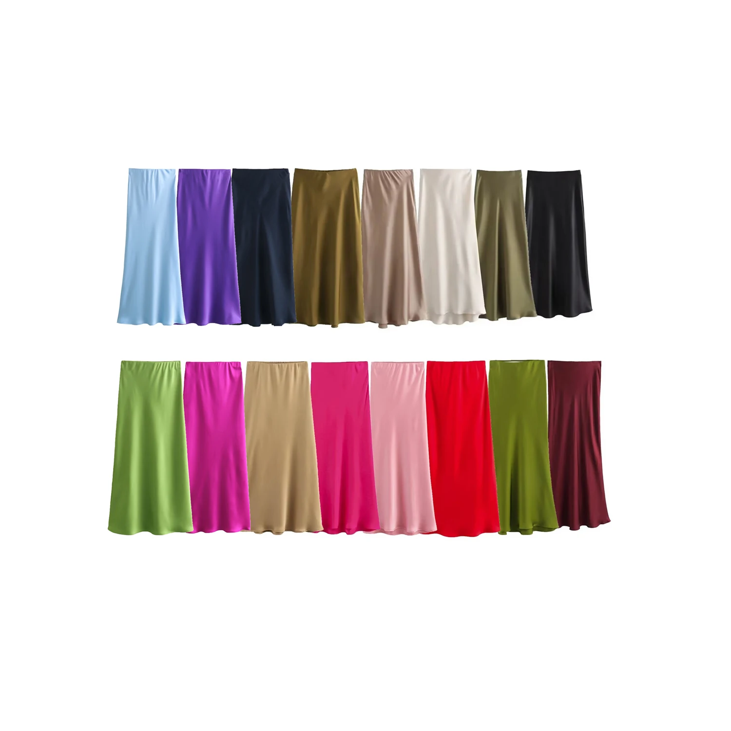16 colorway solid color elastic waist silky casual fashion satin long skirts for women