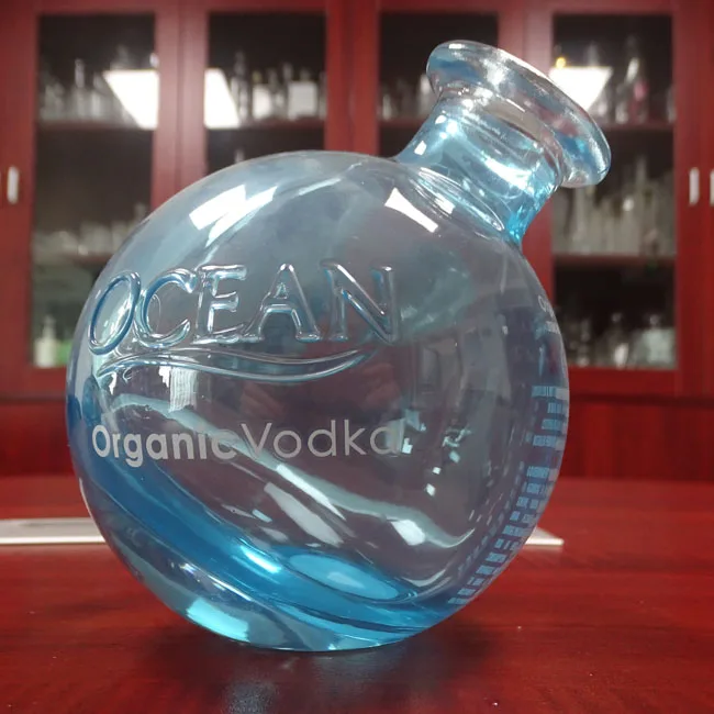 1L 34oz Blue Painted Custom Made Highest Grades Ocean Organic Vodka Glass Bottles With Glass Stopper