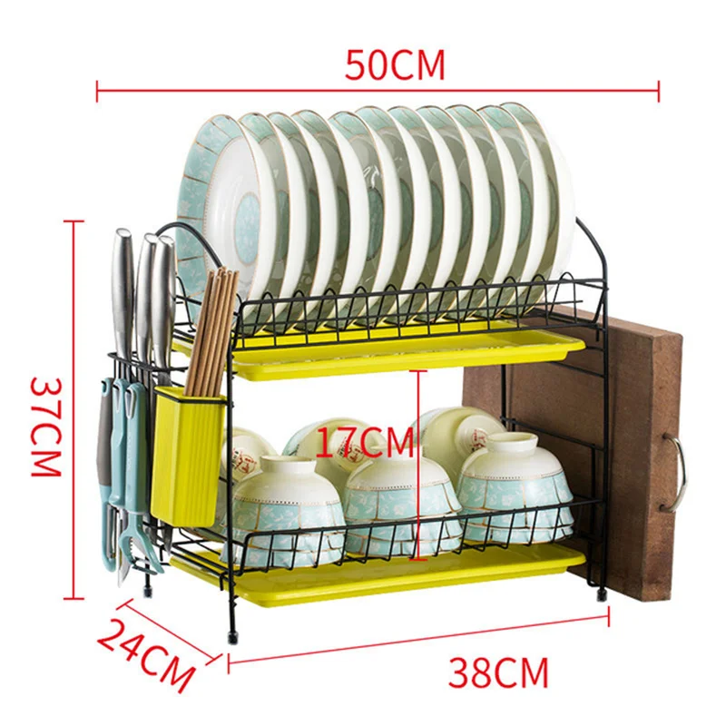 Double Tiers Dish Drainer Kitchen Drying Rack Holder Plates Cup Tableware Bowl Shelf Basket
