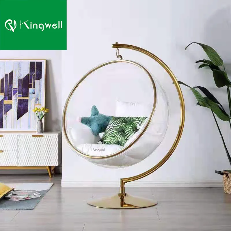 Outdoor garden steel hanging clear globe acrylic bubble chair with metal stand