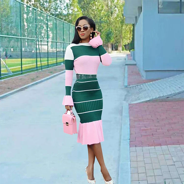 QC-B9119 2021 in stock women color contrast work office dresses formal