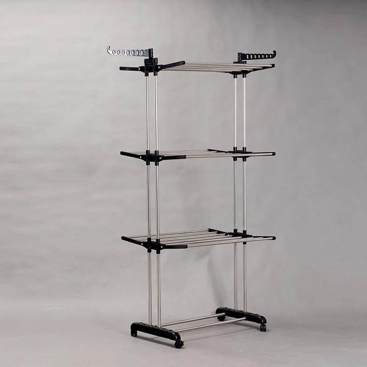 4-Wheels Movable Clothes Drying Rack Large 3-Tier Folding Dryer Hanger Three-Layer Stainless Steel Balcony Outdoor Suit Hanger