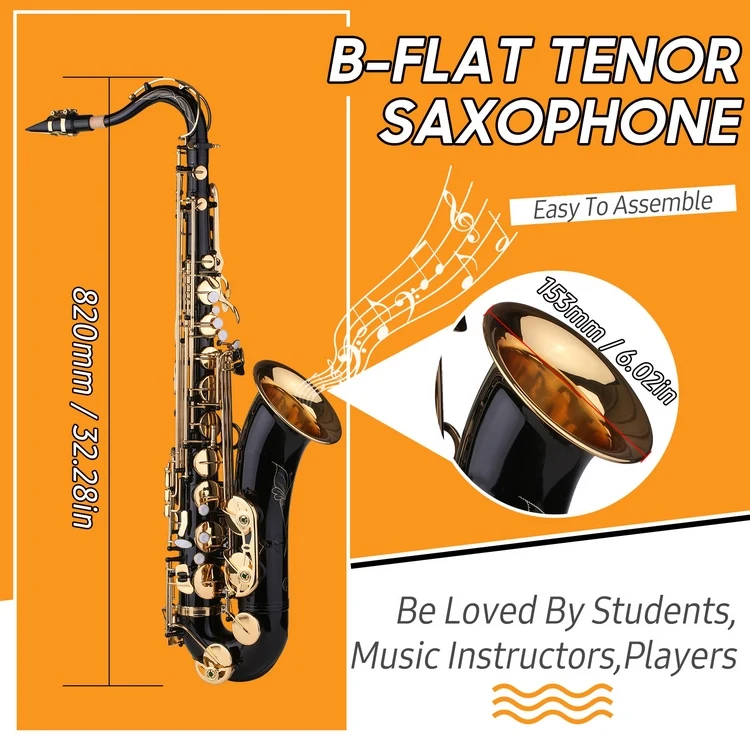 Muslady B-flat Tenor Saxophone Bb Black Lacquer Sax with Instrument Case Mouthpiece Reed Neck Strap Cleaning Cloth Brush