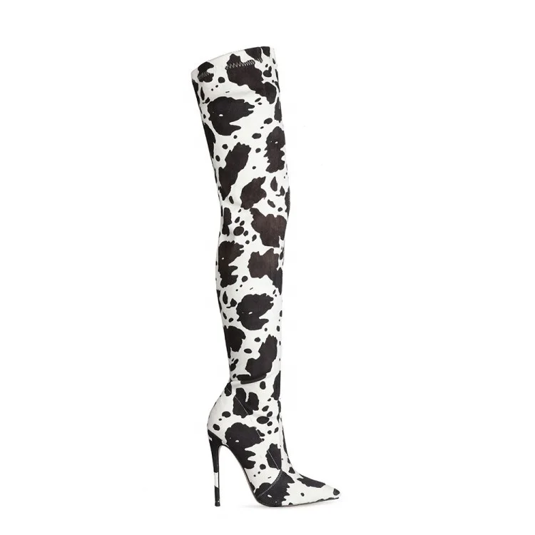 designer boots women famous brands Cow Print Stretch Fabric Pointy Stiletto Heels Thigh High Boots Women Long Boots