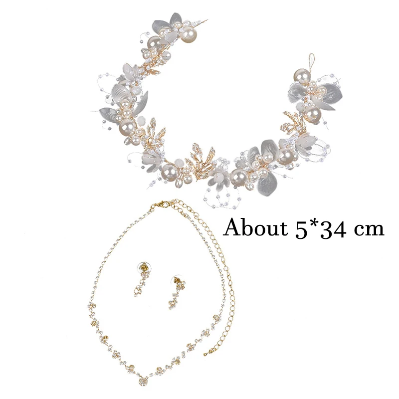 Pearly Flower Alloy Hair Band Necklace Jewelry Set Circle Beaded Jewelry Set With Earing Pearls Bride Hair Accessories Wedding