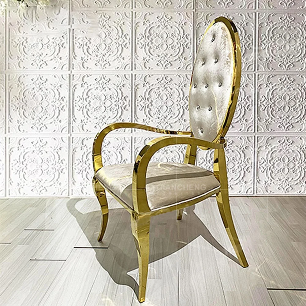 Luxury Modern Design Wedding Gold Stainless Steel Round Back Dining Banquet With Armrest Chair