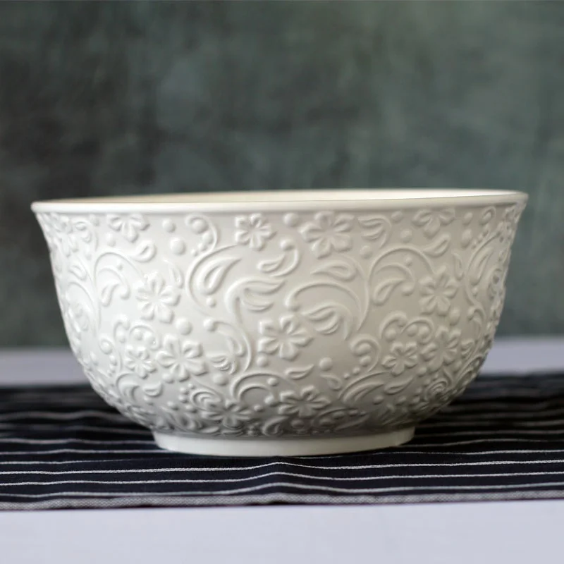 8 inch modern white embossed large salad bowls porcelain deep ramen bowl set large ceramic restuarant porcelain soup bowl