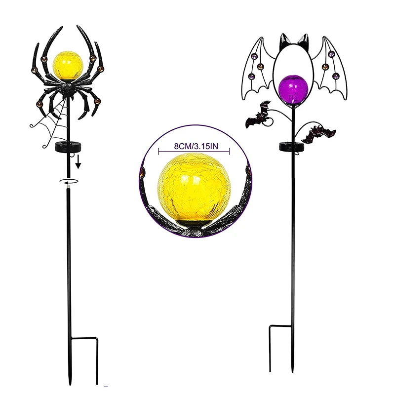 Solar Halloween Decorations Metal Spider and Bat Pile with Cracked Glass Ball LED Lights Outdoor Garden Pile Lawn Garden Lights