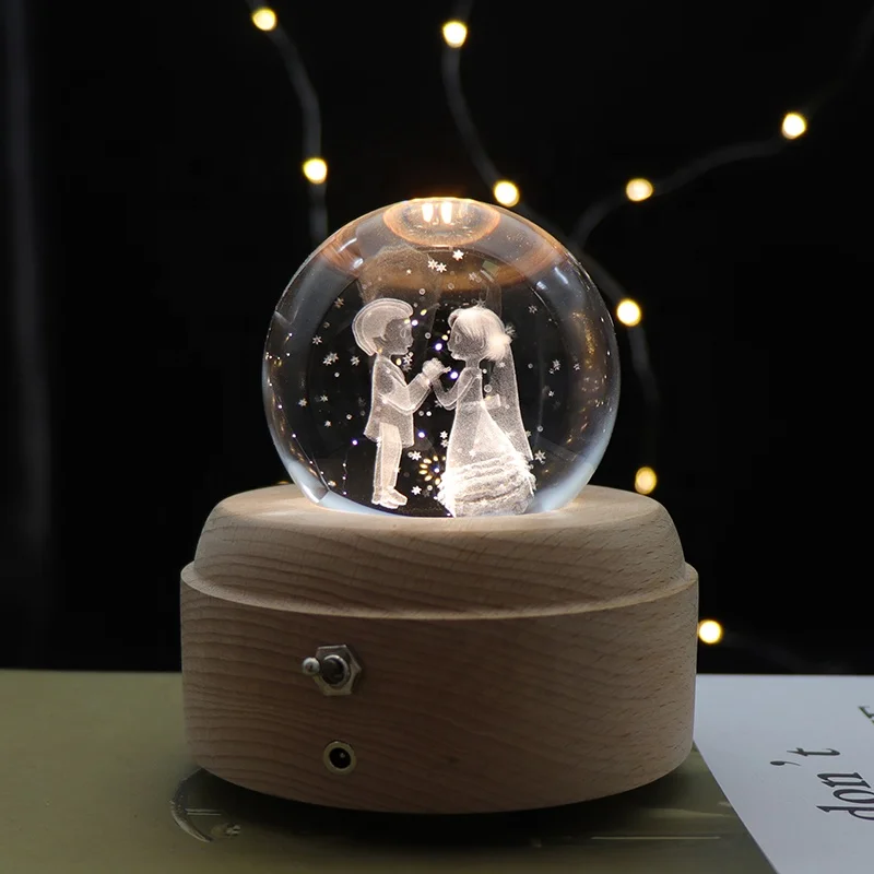 Night Lights Decor 3d Crystal Ball Night Lamp Music Box Wooden Led Night Light For Bedroom