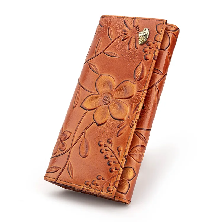 High Quality Retro Style Women Genuine Leather Long Wallets Ladies Purses Handbag Clutch Flower Embossed Wallets for Women