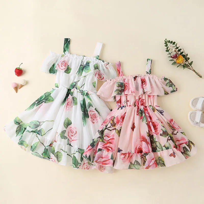 Summer new Kids Girls Princess Dress kids baby girls Flowers Printed Short Sleeve Off Shoulder Ruffles A-Line Chiffon Dress