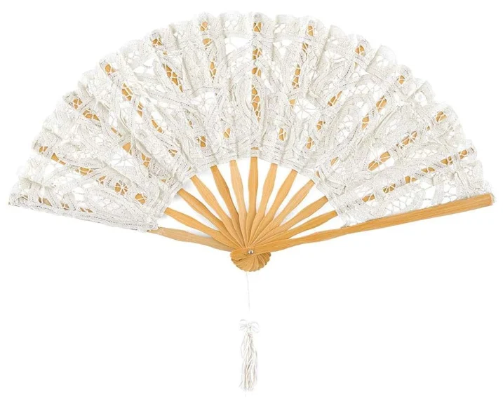 Folding Hand  Lace Fan Elegant Cotton Fan Handmade Fan with Bamboo Staves Silk Tassels for Wedding Bridal Shower Dancing Party