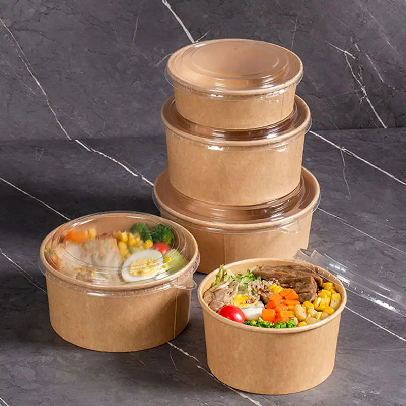 Biodegradable Restaurant Packaging Take Out Fast Food Paper Container Disposable Round Kraft Paper Noodle Soup Cups Container
