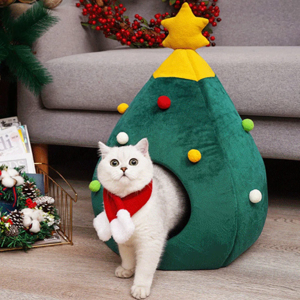 Cat Bed pet condos house Christmas Tree Covered Cave Washable Pet Sofa with Removable Cushion for Small Dogs Cats