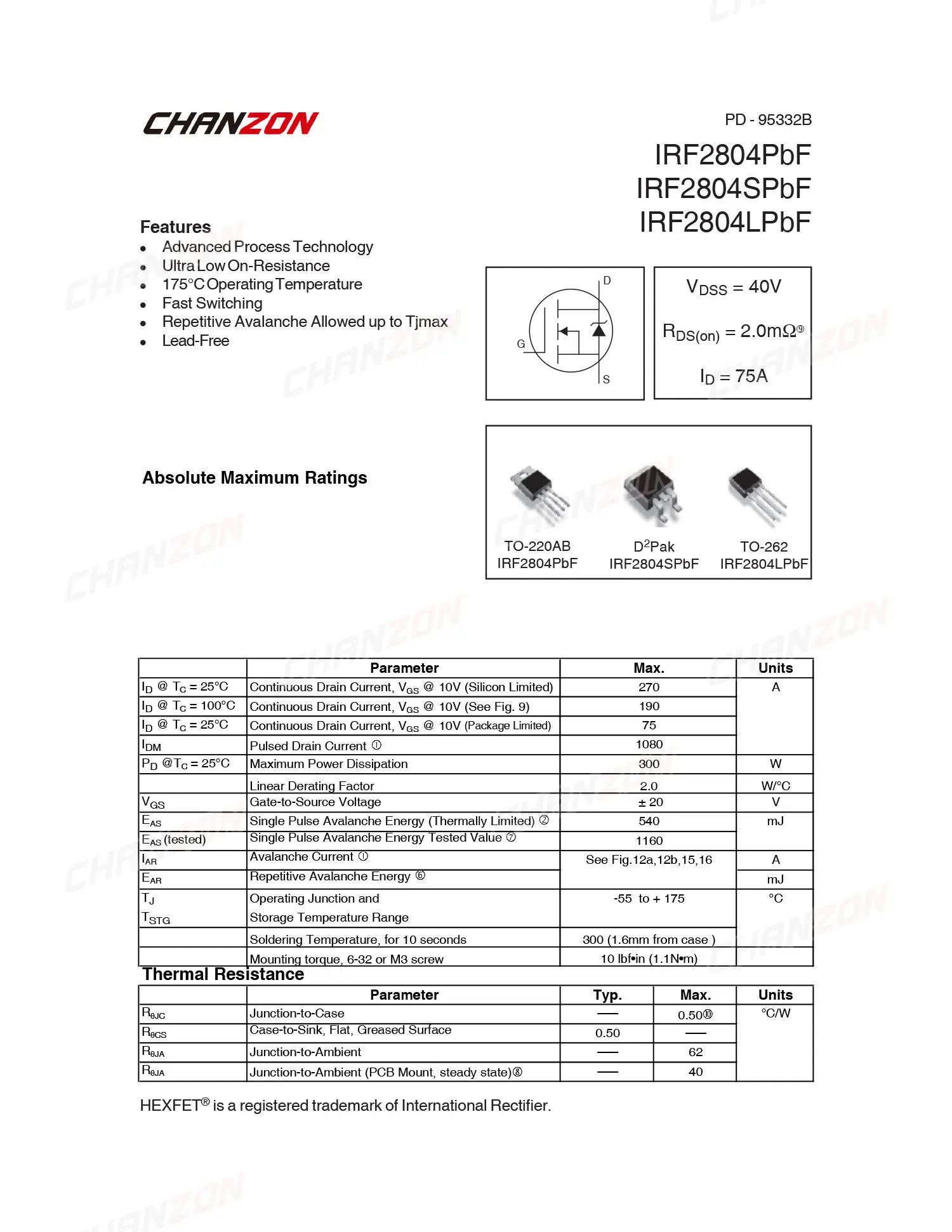 (Оригинальный силовой MOSFET TO-220) IRF2804