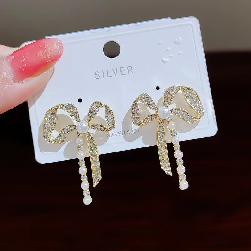 Wholesale Women Japanese And Korean Sweet Net Red 925 Silver Needle Bow Pearl Diamonds Gold Plated Earrings
