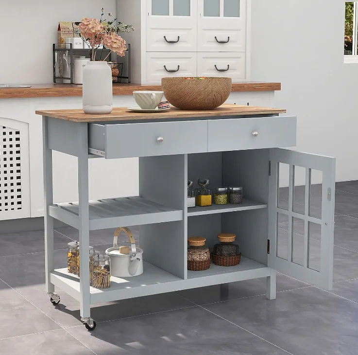 Kitchen Island Cupboard, Portable Kitchen Cart Wood Top Kitchen Trolley with Drawers and Glass Door Cabinets, Gray