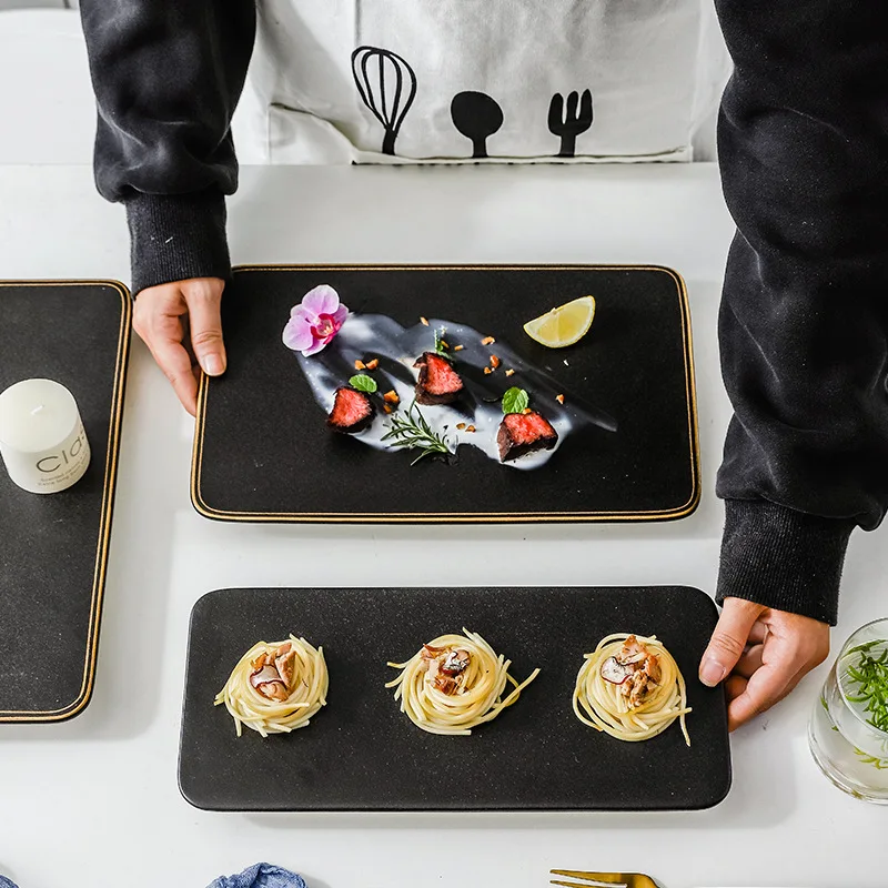 Custom logo 12inch rectangle Flat plates stone cheese board Ceramic sushi plate luxury gold rim black slate plate for restaurant