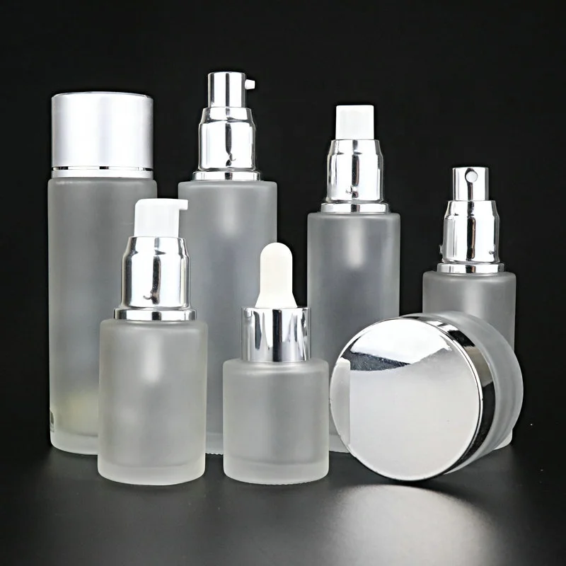 
30ml 40ml 50ml 80ml 100ml 120ml Cosmetic glass frosted lotion cream bottle set with gold/sliver/glack/white cover 