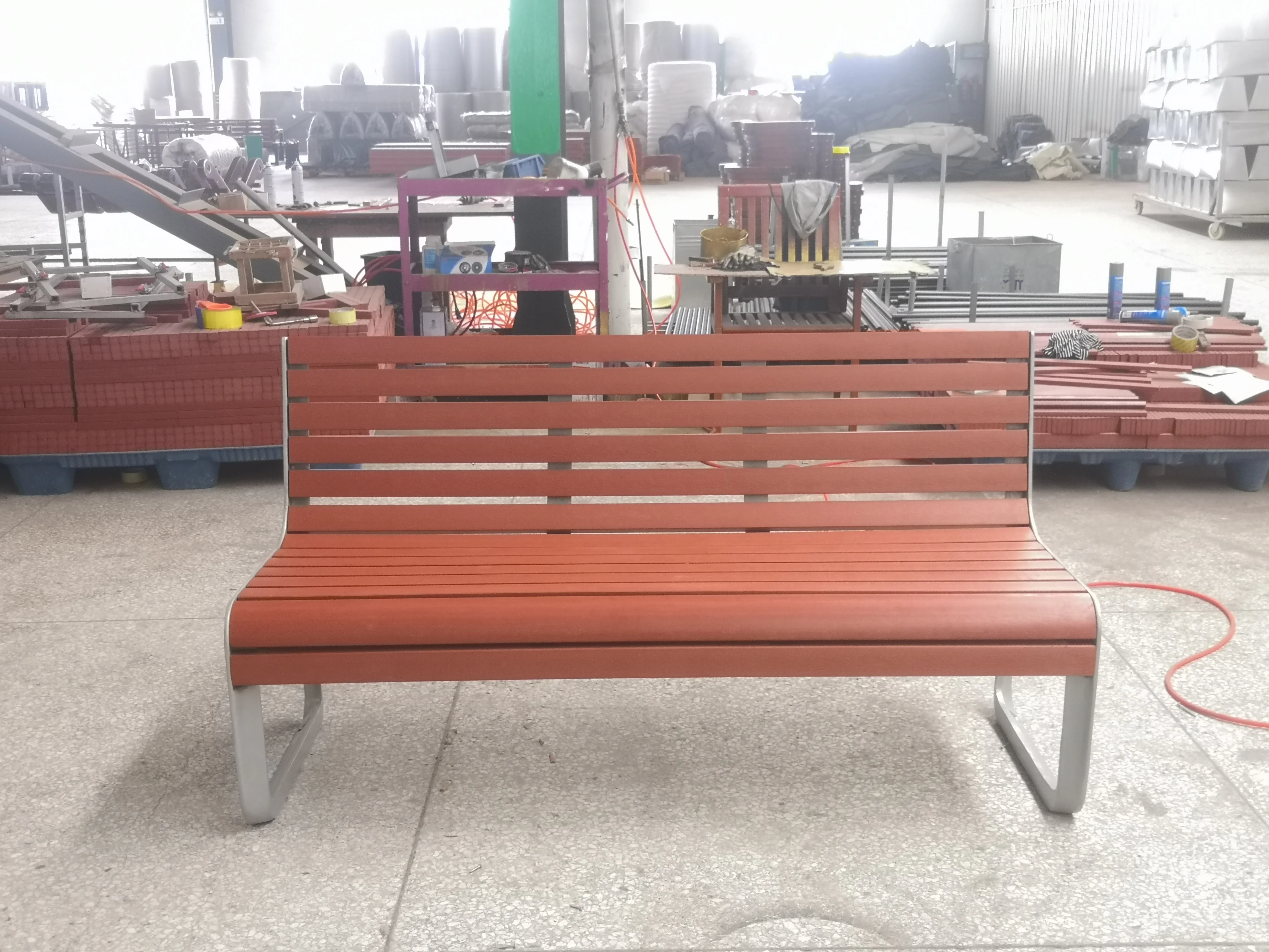 Outdoor furniture composite wood long bench seat public park cast aluminum seating bench outside garden patio PS bench chair