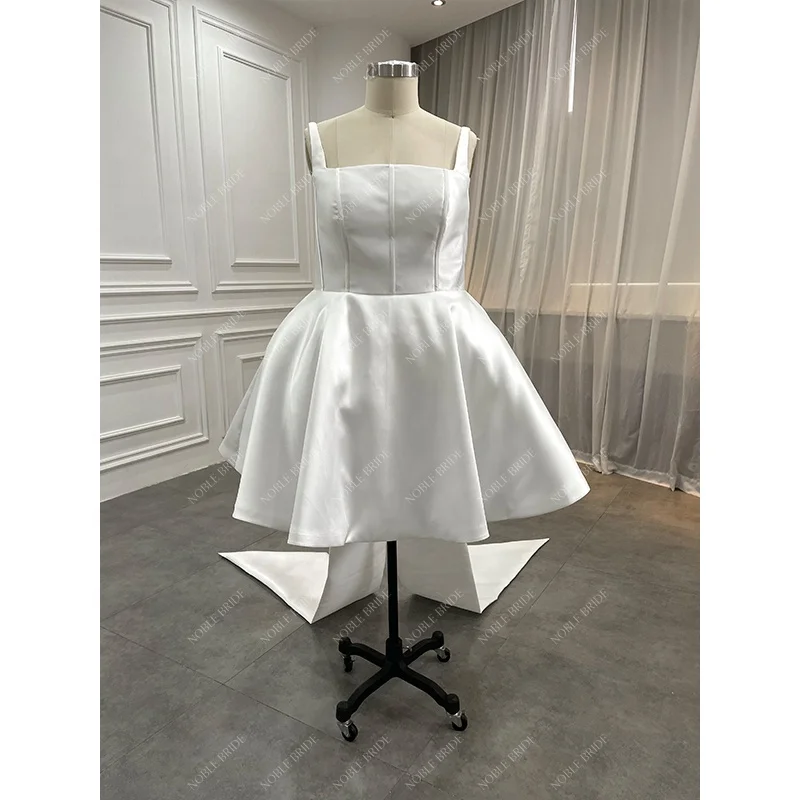 Women Short Satin Party Gowns Long Sleeves Civil Boat Neckline Mini Mikado Wear Princess Bridal Corset Wedding Dresses with Bow