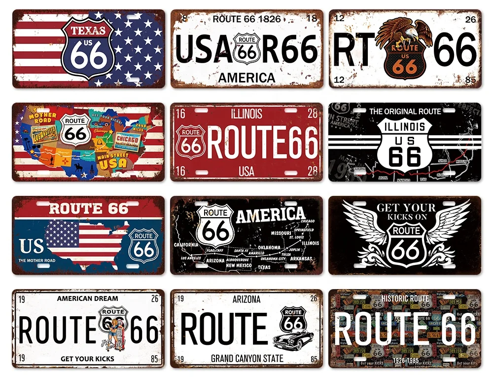 Putuo Decor Car License Plate Vintage Tin Plate Route 66 Metal Plate Printing Sign Garage Man Cave Decoration