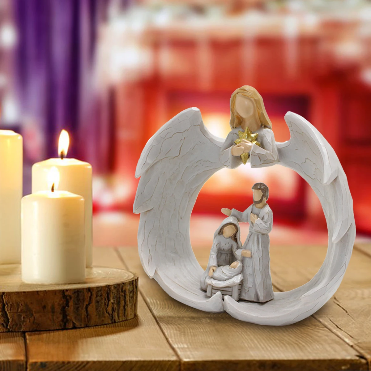 Religious Christmas Ornaments Pray Heart Shape Holy Family Christian Decor Angel Resin Statue