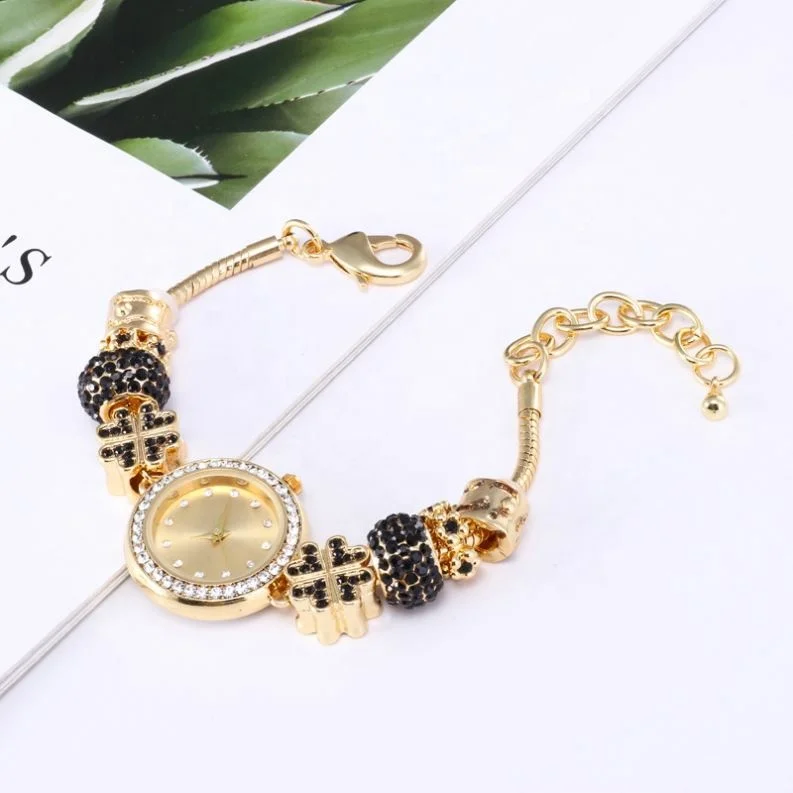 Best Selling Bead Charm Pave Diamond Adjustable Bracelet Quartz Watch For Women Girls