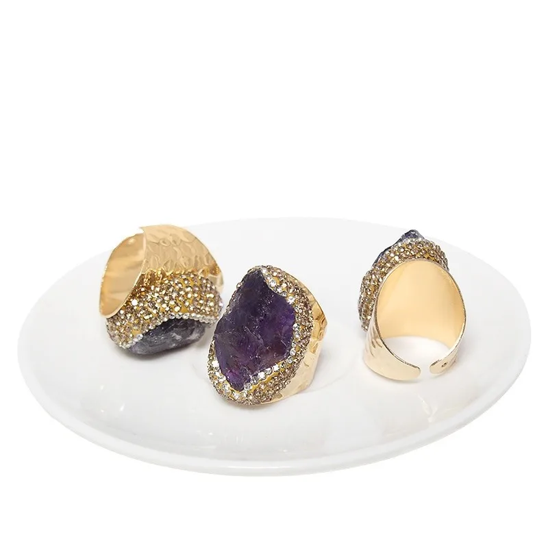 Trendy Women Ring Vermeil Emerald Amythst Citrine Target Diamond Natural Stone Quartz Cuff Adjustable Jewelry Wholesale