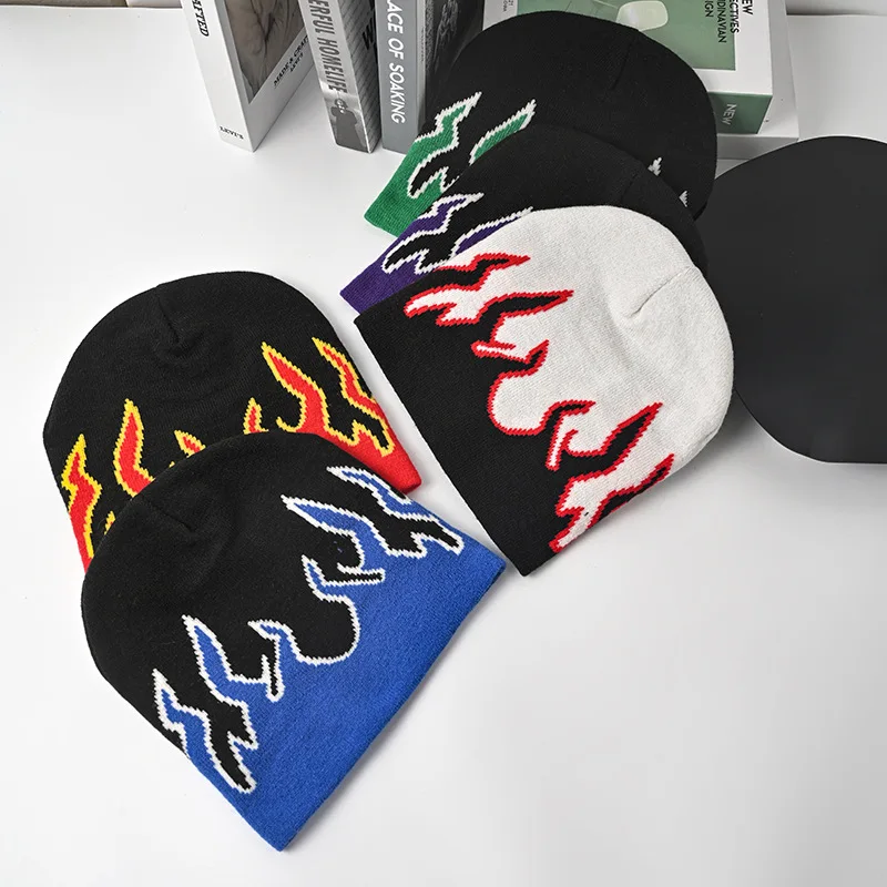 Custom Men Women Knitted Winter Hat Fire Flame Beanie Big Logo Printed Jacquard Skully Beanies Hats