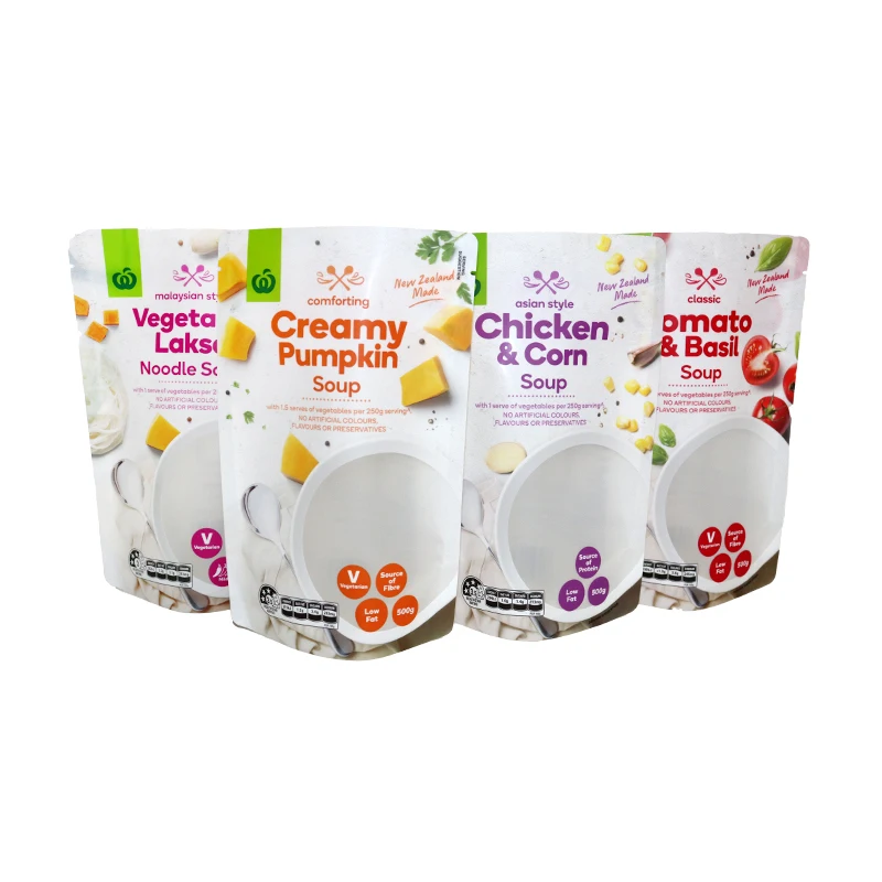 Factory price flexible frosted white stand up food pouch vegetable meat soup bag with window