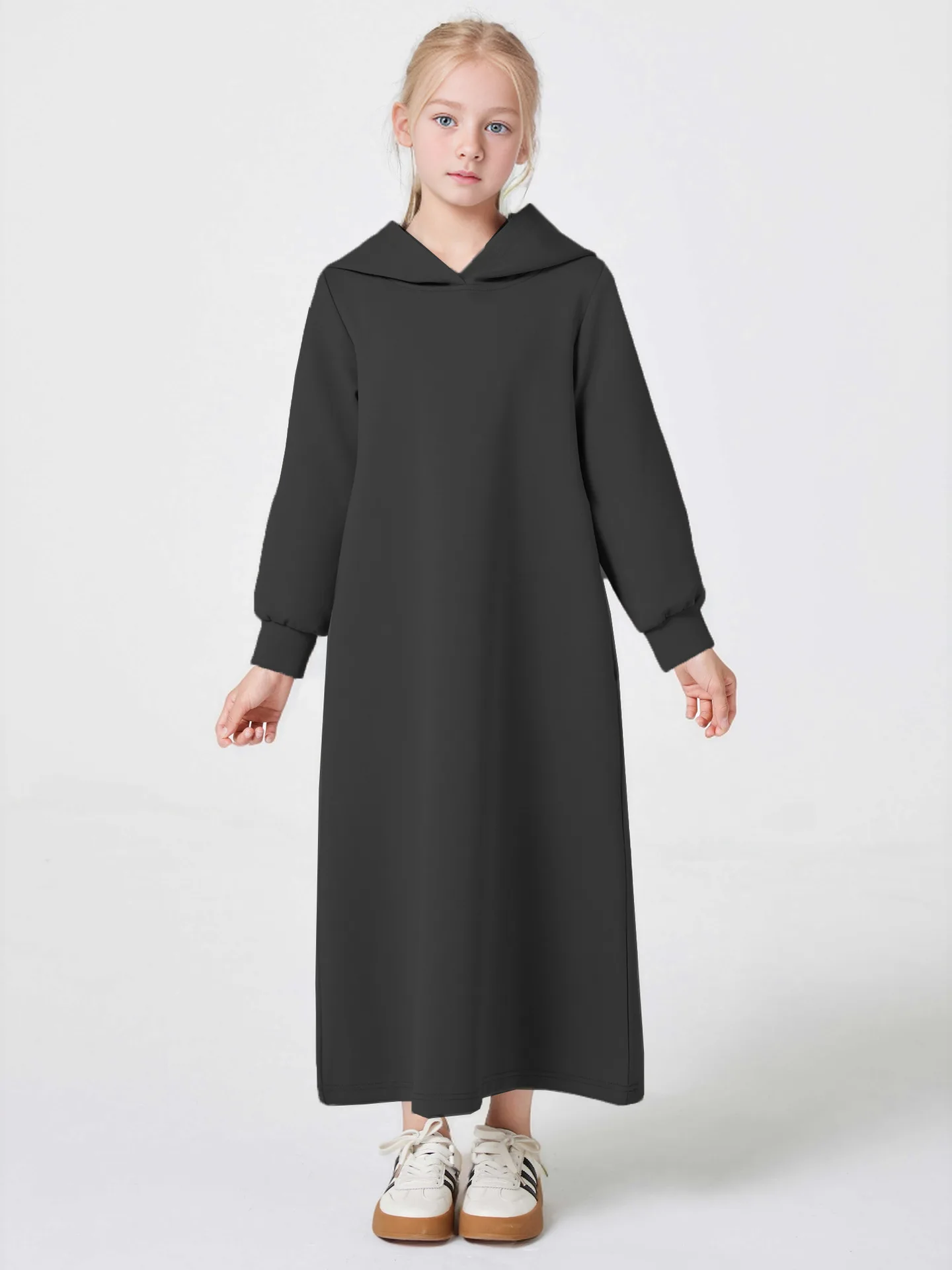 Dubai Turkish Girl V-neck hood abaya robe Modest Child Clothing Hoodie Casual Pocket Plus Size Dress For Teenager Girls