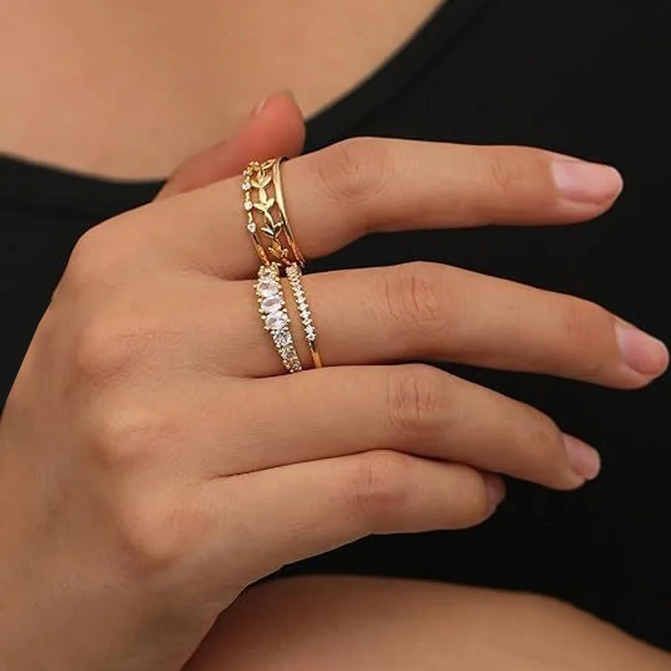 High Quality 14K Gold Plated Stainless Steel Rings Diamond & Zircon Engagement Stacking Rings for Women for Gift