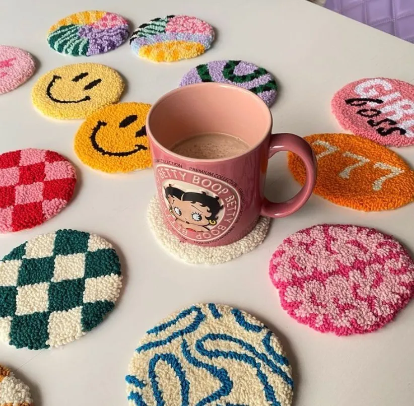 Custom 10*10cm desk cup mat Embroidered tufted hook punch needle car coasters Gift for New Car