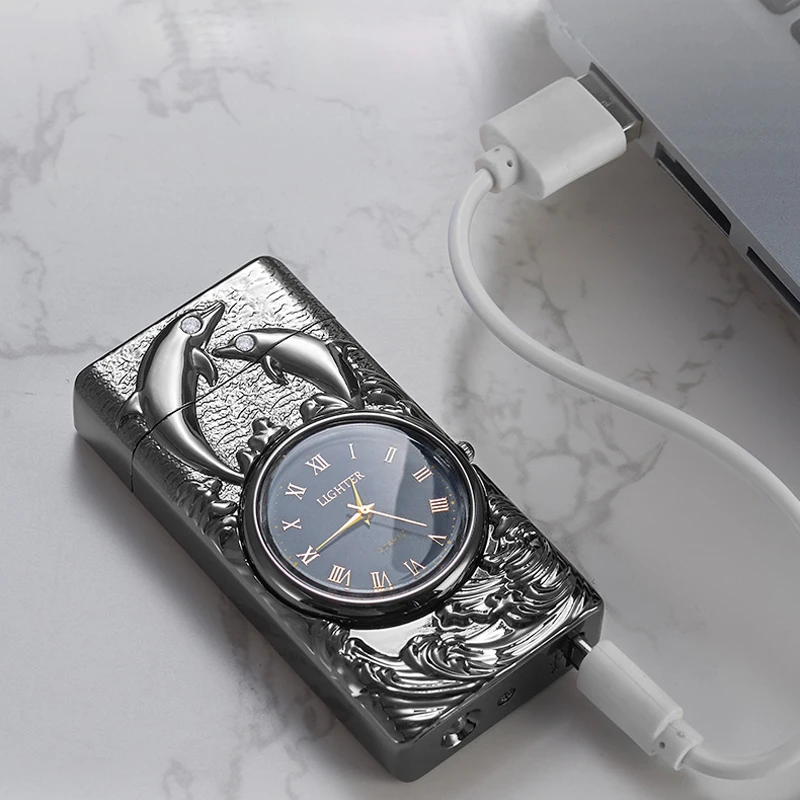 Cigarette double arc flameless windproof electric usb Dolphin lighter, custom gift electronic plasma smoking lighter with watch