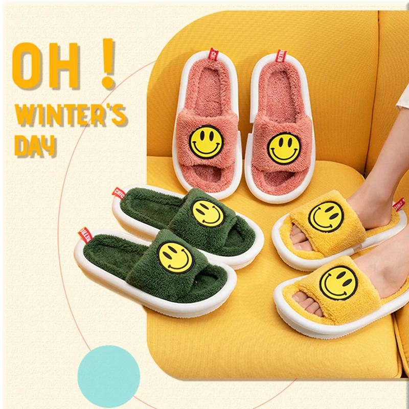 Хлопковые пушистые меховые декорированные тапочки с открытым носком со смайликом, Короткие Плюшевые флисовые зимние домашние тапочки на плоской подошве для пар, женские Тапочки