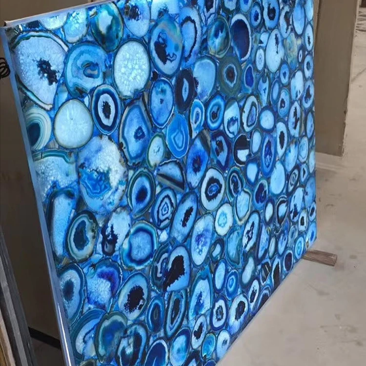 YDSTONE Backlit Blue Agate Countertop Natural Semi-Precious Stone Slab Composite With Polished Surface