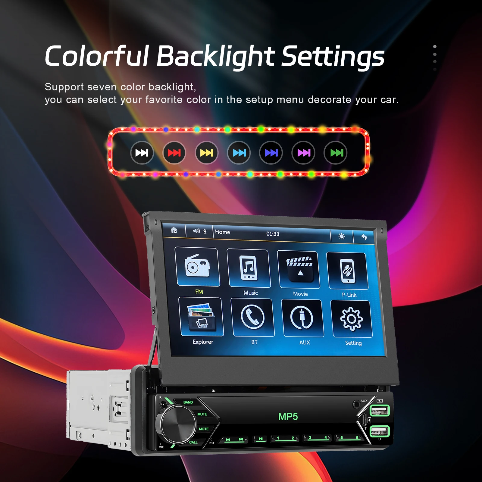 Podofo Single Din Car Radio Stereo 7' Car MP5 Player Retractable Touch Screen Auto Electronics BT FM USB Type-C